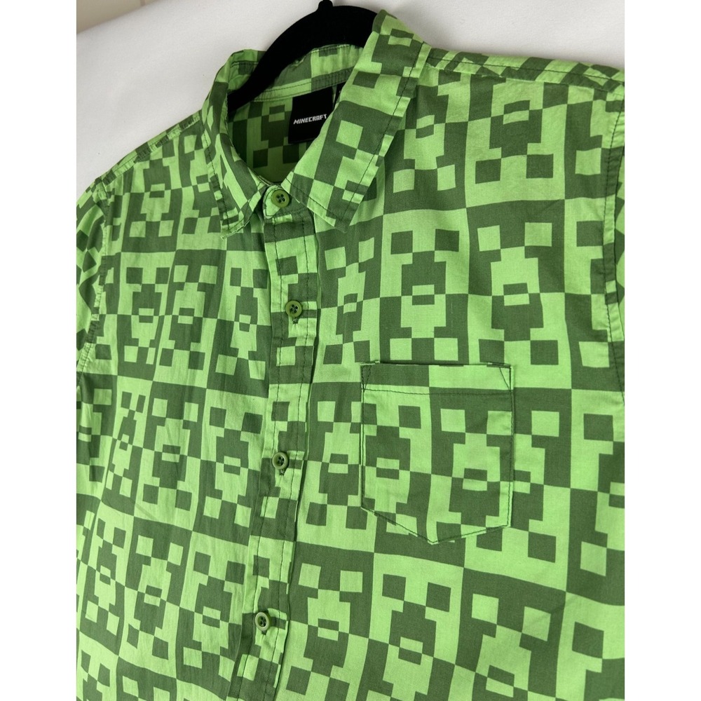 Minecraft Boys All Over Print Creeper Green Short Sleeve Button Up Shirt XXL